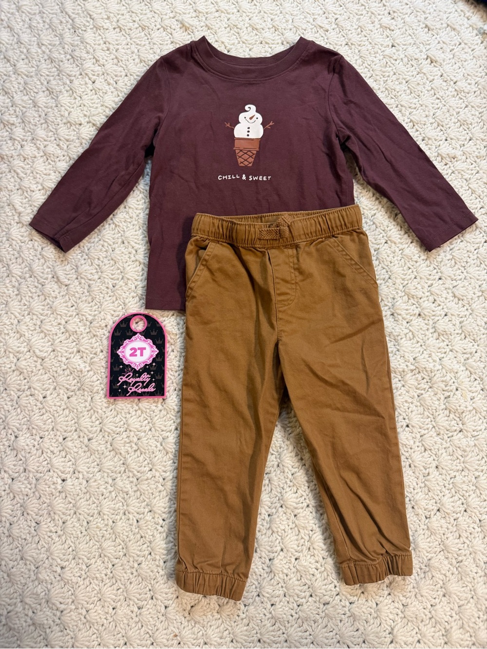 Cat & Jack Maroon Long-Sleeve Top with Brown Jogger Pants